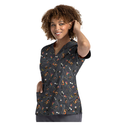 Printed Curved V-Neck Top