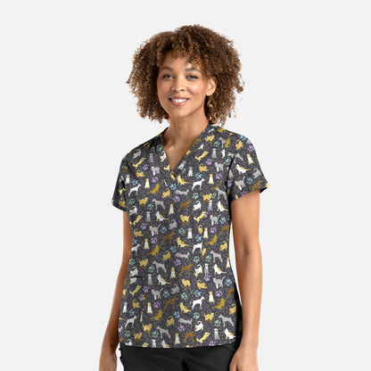 Printed Curved V-Neck Top